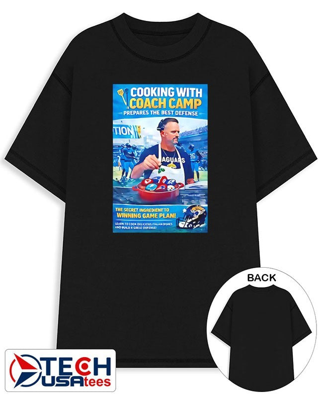 Antonio Johnson cooking with Coach Camp shirt