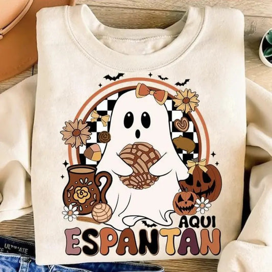 Aqui Espantan Mexican Halloween Conquette Boo Boo Ghost T-shirt Sweatshirt, Spanish Halloween Conchas Ghost T-shirt, Regalos Es Espanol, Trendy Hispanic Halloween Spooky Latina Season, Full Color, Tee Print