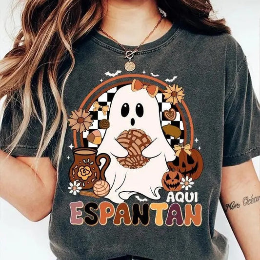Aqui Espantan Shirt, Ghost Unisex Sweatshirt, Halloween Cotton Shirt, Spanish Halloween Unisex Sweatshirt, Spooky Latina Shirt, Mexican Conchas Unisex Sweatshirt