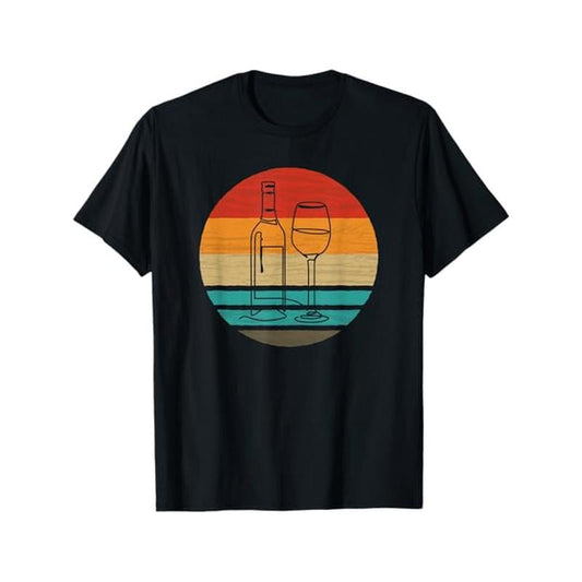 Artistic Bottle & Glass Line Art Vintage Style T-Shirt, 100% Cotton, Unisex Casual Crew Neck Tee, All-Season Slight Stretch Graphic Shirt, Perfect Gift for Holidays, Black Made in USA