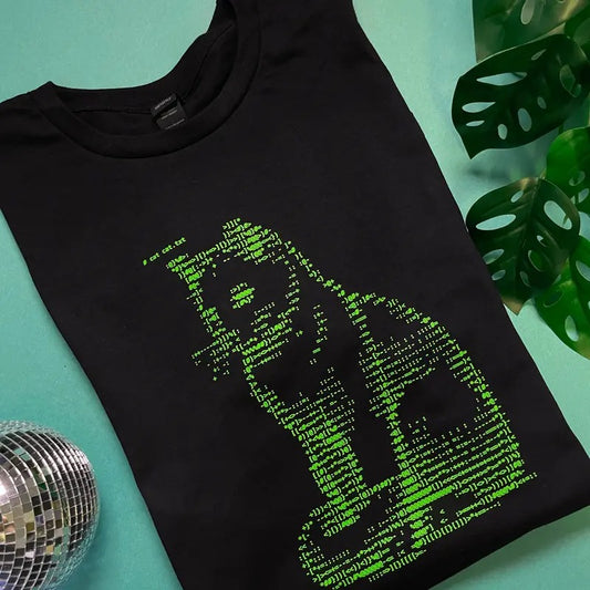 Ascii Cat by Terminal Research on black unisex t-shirt