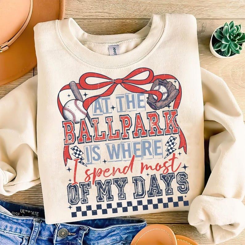At The Ballpark Sweatshirt Retro Baseball Bow Coquette Sports Mom Vintage Softball Game Day