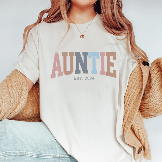 Auntie Est. 2024 T-Shirt, New Aunt Shirt, Cool Aunt Graphic Printed T-shirt, Auntie Comfort Shirts, Soft Fabric Shirt For Aunt, Gift Shirt For Auntie, Women's Tops, Womenswear, Cotton Fabric Relaxed Fit Chic Style