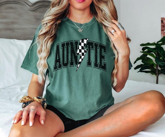 Auntie Lightning Bolt Retro Distressed Checkered Auntie Tee Mother's Day New Aunt Gift T-shirt Best Auntie Latarshia Grant Cotton Top