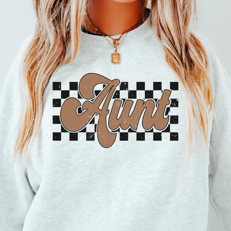 Auntie checkered Crewneck, Retro Cotton, Crewneck Fashion Fit Sleeve Comfortable Cute, CASUAL COTTON CREWNECK HOODIE, WOMENS SWEATSHIRT Womenswear Athletic Basic Day Long Sleeves Mama