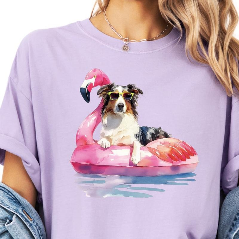 Aussie Flamingo Float Dog Shirt ~ Unisex Apparel Relaxed Fit Printed In The USA Clothing Womenswear Casual Comfort Cotton Top Athletic Boho Chic