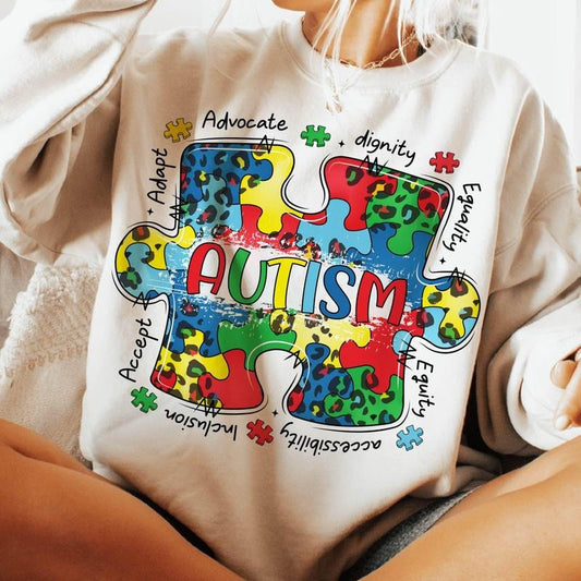 Autism Awareness Sweatshirt, Advocate Dignity Equality Puzzle Piece Graphic Fabric, Colorful Autism Shirt Unisex