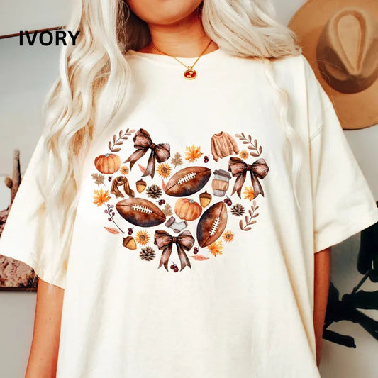 Autumn Fall Doodles Shirt, Football Bow Heart Doodles Shirt,  Fall shirt, Comfort Colors Halloween Shirt, Casual Shirt Unisex, Halloween Clothing, Graphic Halloween Apparel, Casual Cotton T-shirt, Unisex Halloween  Top Fabric