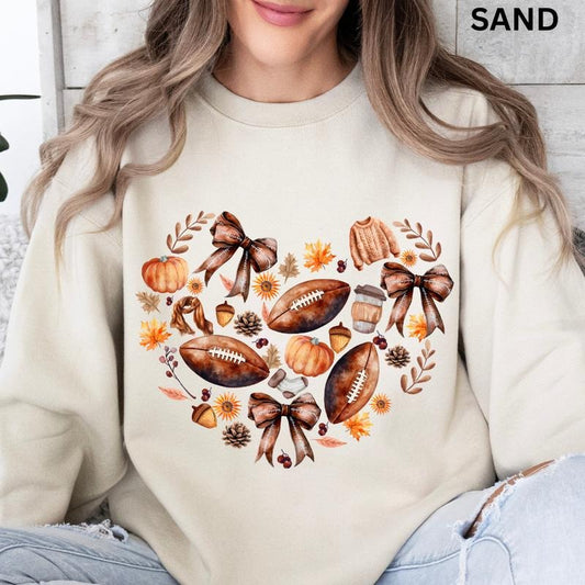 Autumn Fall Doodles Sweatshirt, Football Bow Heart Doodles Crewneck, Fall Sweatshirt, Graphic Fall Crewneck, Sweatshirt Unisex Fit Causal Sweatshirt for Halloween Womenswear Hoodie