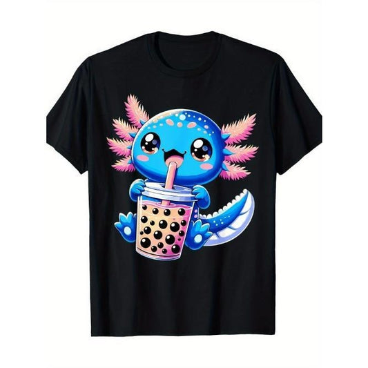 Axolotl Bubble Boba Tea Anime Cute Kawaii Blue Axolotl T-Shirt Made in USA