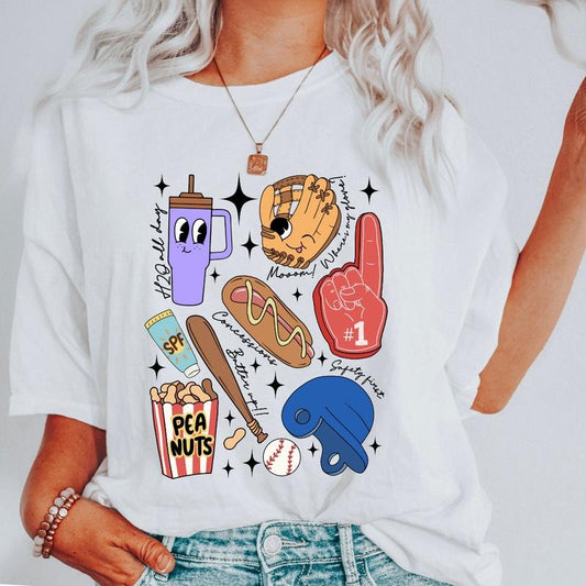 BASEBALL DOODLES T-SHIRT, BASEBALL SHIRT, COMFORT COLORS CASUAL COTTON T-SHIRT FOR MOMS Fabric Top Womenswear Oversized Printed Unisex Women Lady