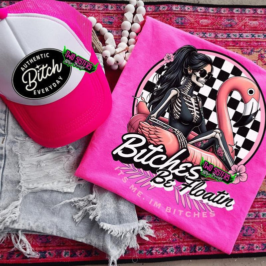 BITCHES BE FLOATIN' ITS ME PINK Print Summer T-Shirt + Trucker Hat - Unisex Short Sleeve Casual Comfort Cotton Graphic T-Shirt for Everyday Wear - Comfortable