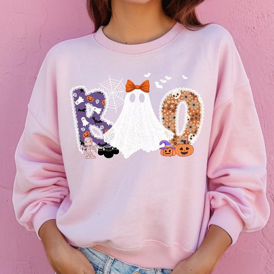 BOO Ghost Halloween Crewneck ~ Unisex Apparel Relaxed Fit Printed In The USA Clothing Womenswear Casual Comfort Cotton Top Athletic Boho Chic