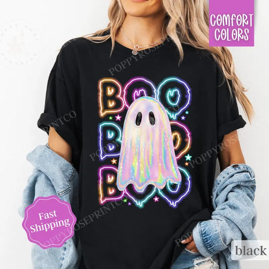 BOO Ghost Neon Shirt Comfort Colors Halloween Tshirt,  Women's Holiday Tee