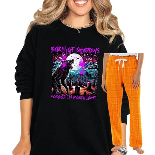 BORN OF SHADOWS, FORGED IN THE MOONLIGHT - Orange Plaid Pajama Set, Long Pants & Sweatshirt or T-Shirt,-  Unisex Cotton Sleepwear, Loungewear