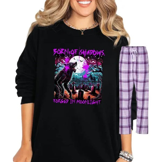 BORN OF SHADOWS, FORGED IN THE MOONLIGHT - Purple Plaid Pajama Set, Long Pants & Sweatshirt or T-Shirt,-  Unisex Cotton Sleepwear, Loungewear