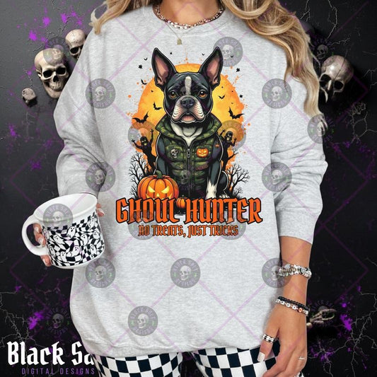 BOSTON TERRIER Ghoul Hunter No Treats Just Tricks Camo Halloween Grunge Skulls Cotton Crewneck Sweatshirt Hoodie Casual All Seasons Women's Graphic Top Pullover Streetwear Style Vintage Crew Neck Graphic Design Comfortable Machine Washable Womenswear