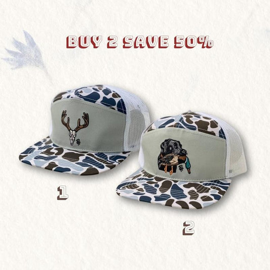 BUY 1 GET 1 FREE! COMBO 2 Hat Black Lab Mallard Duck 7-Panel Camouflage Hat, Deer Skull Camo 7-panel Hat, Unisex Basic with Unique Design, Hunting Accessories, Couple Hat