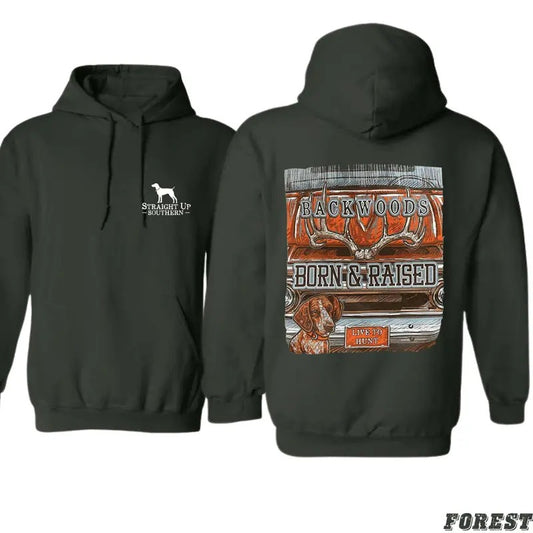 Backwoods Born and Raised Hoodie - Deer Antler and Hunting Dog Graphic, Perfect for Outdoorsmen and Hunting Enthusiasts, Unisex Hoodie for Everyday Comfort Menswear Sweaters