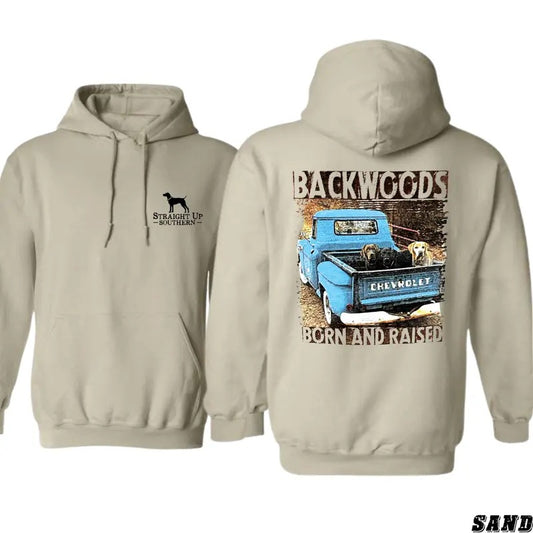 Backwoods Born and Raised Hoodie - Vintage Pickup Truck Design Featuring Southern Country Dogs and Rustic Farm Vibes, Perfect for Backwoods Enthusiasts and Country Lifestyle Lovers, Unisex Hoodie for Casual Wear and Outdoor Adventures Menswear Sweaters