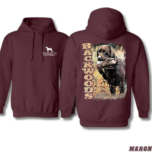 Backwoods Hunting Dog Hoodie - Born and Raised Design Featuring Labrador Retriever with Game, Perfect for Hunting Enthusiasts and Country Lifestyle Fans, Unisex Hoodie for Cozy Comfort Menswear Sweaters