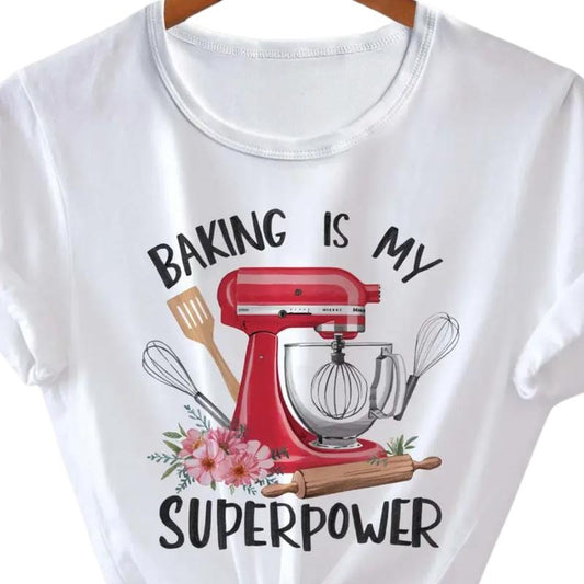 Baking Is My Superpower Tee, Women's Casual Crew Neck, Stand Mixer & Baking Tools Graphic, Playful Summer Shirt, Gift for Best Friend, Gift for Her - Unisex, Top