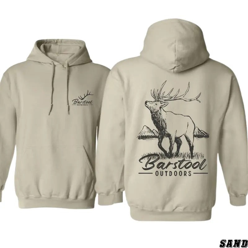 Barstool Outdoors Hoodie - Striking Elk and Mountain Graphic, Perfect for Outdoor Enthusiasts and Nature Lovers, Unisex Hoodie Offering Comfort and Style for Year-Round Wear, Ideal for Those Who Embrace the Wilderness and Outdoor Adventure Menswear