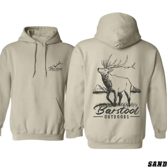 Barstool Outdoors Hoodie - Striking Elk and Mountain Graphic, Perfect for Outdoor Enthusiasts and Nature Lovers, Unisex Hoodie Offering Comfort and Style for Year-Round Wear, Ideal for Those Who Embrace the Wilderness and Outdoor Adventure Menswear