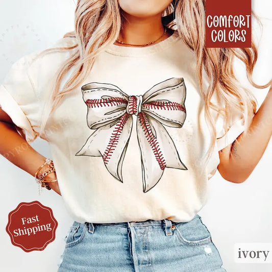 Baseball Bow Shirt Comfort Colors, Womens Baseball Tee, Womenswear Oversized Crewneck