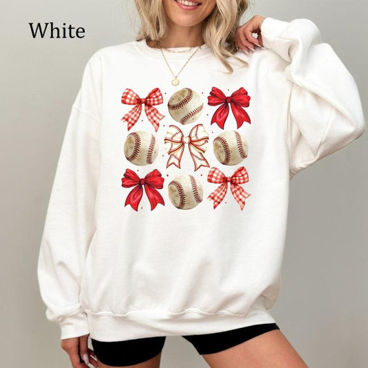 Baseball Bow Sweatshirt, Coquette Baseball Shirt, Game Day Baseball Top, Trendy Mama Sweatshirt, Cute Baseball Graphic Tee, Cozy Fleece Sweatshirt, Everyday Casual Comfort