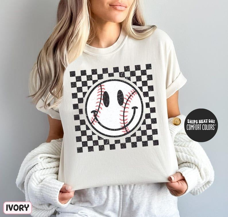 Baseball Comfort Colors Shirt Happy Face Checkered Shirt Retro Baseball Game Day Shirt Baseball Mom Shirt