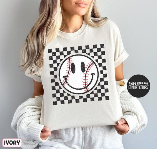 Baseball Comfort Colors Shirt Happy Face Checkered Shirt Retro Baseball Game Day Shirt Baseball Mom Shirt