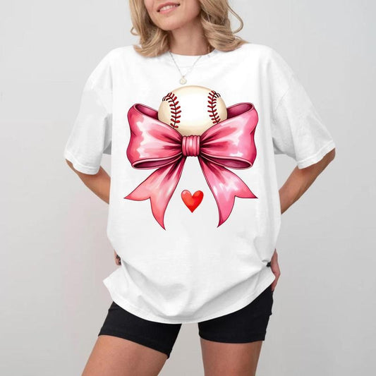 Baseball MOM Pink Bow T-shirt, Soft Cotton Unisex Crewneck