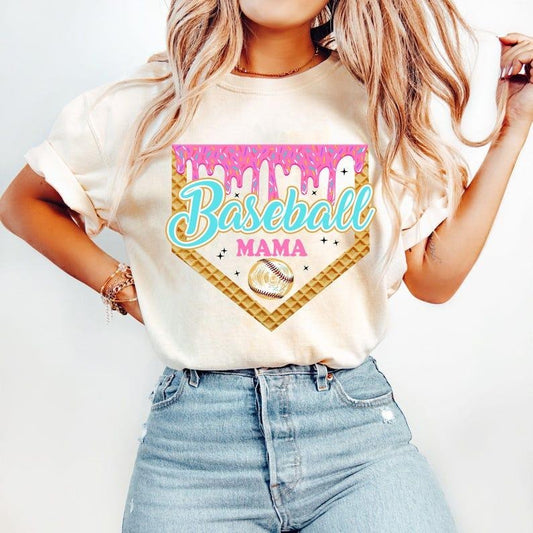 Baseball Mama Bow Tee, Brushstroke Drip Print, Trendy Game Day Shirt