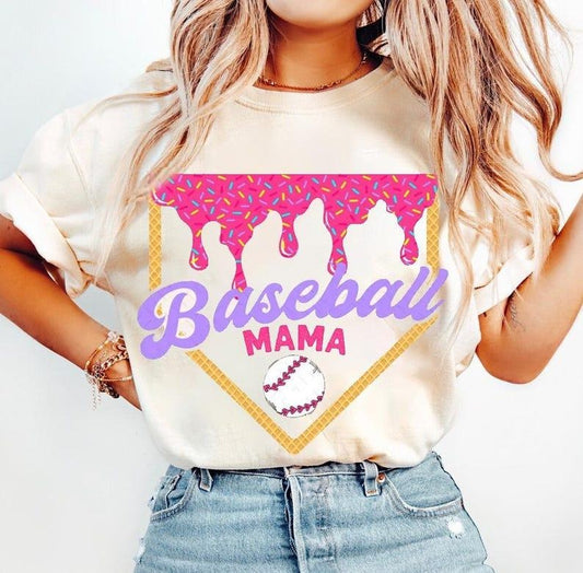 Baseball Mama Drip Tee, Ice Cream Print Baseball Shirt, Stylish Sporty Look