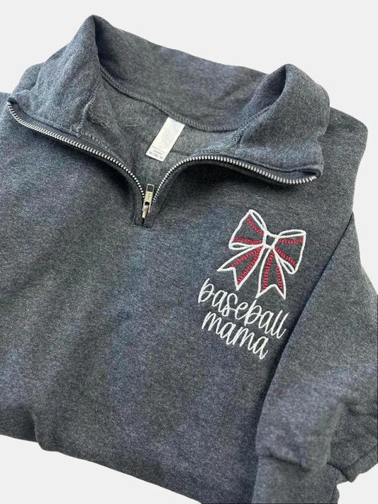Baseball Mama Embroidered Sweatshirt, Mama Quarter Zip Sweater, Coquette Mom Embroidered Shirt, Mama Quarter Zip Sweatshirt