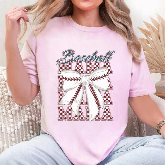 Baseball Mama Red Checked TShirt, Baseball Coquette Bow Shirt, Baseball Game Day, etro Checkered Mama Shirt, Retro Baseball Mama