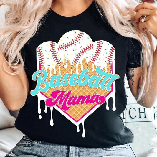 Baseball Themed Ice Cream Drip Shirt, Stylish Sport Mom Tee, Trendy Outfit