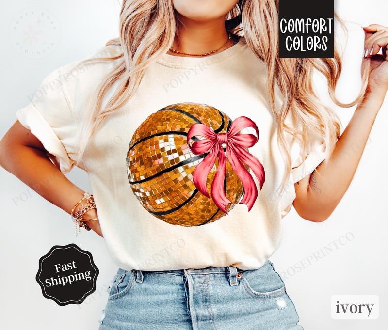 Basketball Bow Shirt Comfort Colors, Womens Basketball Tee, Womenswear Oversized Crewneck, Coquette Clothing