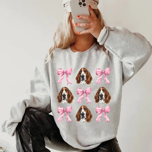 Basset Hound with Bows Sweatshirt ~ Sweatshirt Unisex Apparel Relaxed Fit Printed in the USA Clothing Womenswear Casual and Comfortable