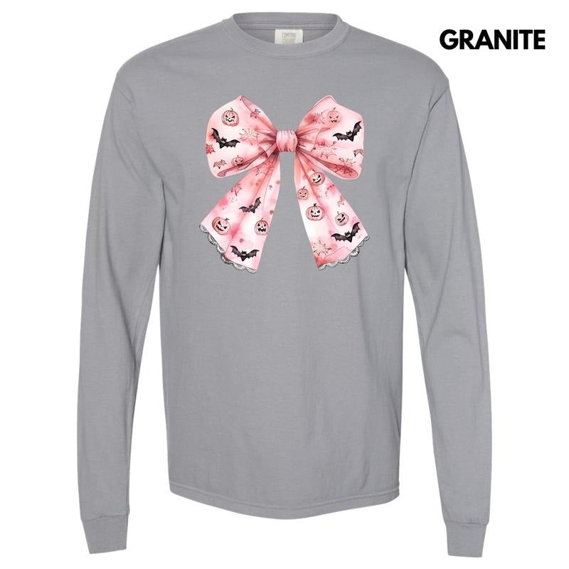 Bat & Pumpkin Pink Bow Long Sleeve Comfort Colors T-Shirt 'NLB' Hoodie, Sweatshirt | CoreVibeTees.com