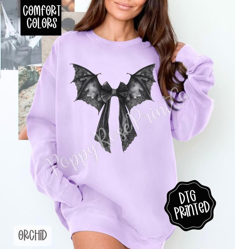 Bat Bow Comfort Colors Sweatshirt, Trendy Halloween Crewneck