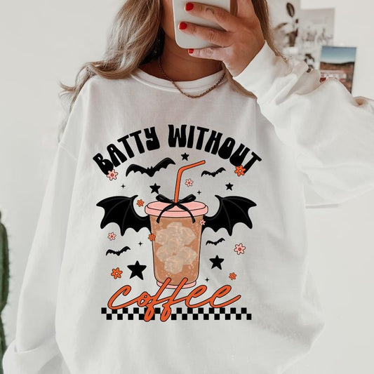Batty Without coffee Halloween Coffee Shirt ~ Unisex Apparel Relaxed Fit Printed In The USA Clothing Womenswear Casual Comfort Cotton Top Athletic Boho Chic