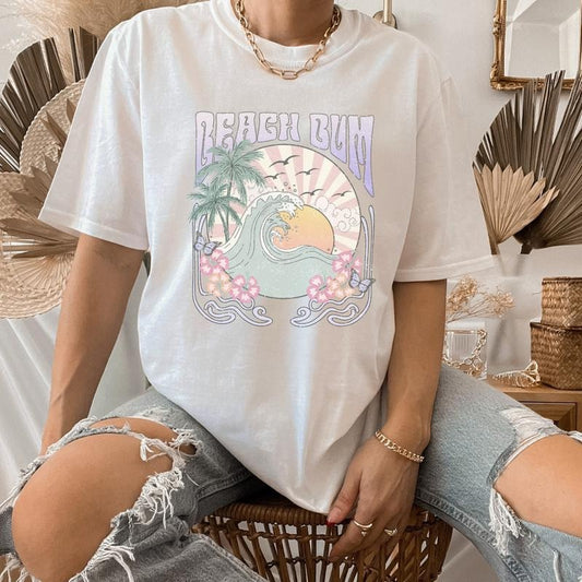 Beach B Summer Shirt, Gift For Her, Beach Waves Tee, Retro Beach Vibes T-shirt, Summer Sunset Pastel Shirt Full Color Print