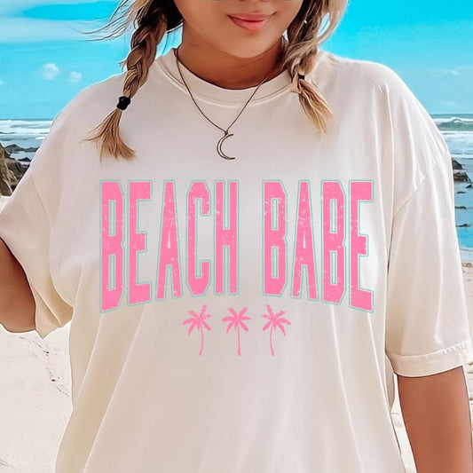 Beach Babe Retro Palm T-shirt, Casual Oversized Cotton Shirt for the Beach Comfort Fabric Top Womenswear Underwear Lady