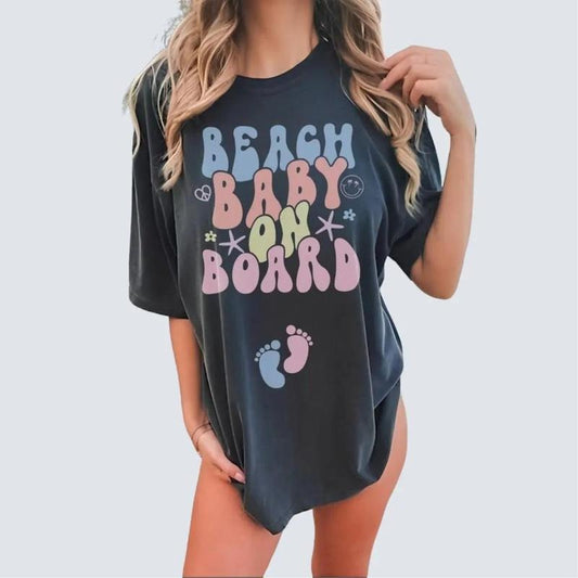 Beach Baby On Board Shirt, Summer Maternity Vacation T-Shirt, Baby Announcement Gender Reveal Tee for Moms Unisex Fabric