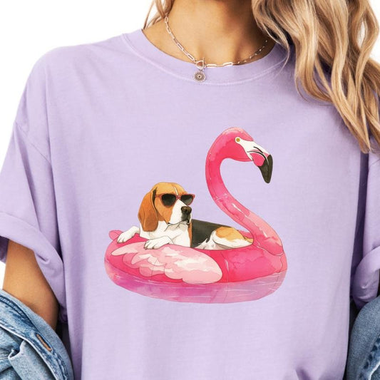 Beagle Flamingo Float Dog Shirt ~ Unisex Apparel Relaxed Fit Printed In The USA Clothing Womenswear Casual Comfort Cotton Top Athletic Boho Chic