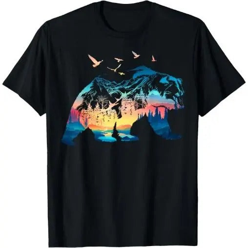 Bear Nature Outdoor Mountains Forest Trees Bear Wildlife T-Shirt Made in USA