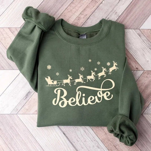 Believe Christmas Family Shirt, Unisex Cotton Crewneck Sweatshirt, True to Size - Fabric Fit Womenswear
