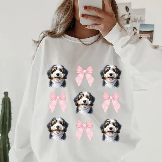 Bernadoodle with Bows Sweatshirt ~ Sweatshirt Unisex Apparel Relaxed Fit Printed in the USA Clothing Womenswear Casual and Comfortable